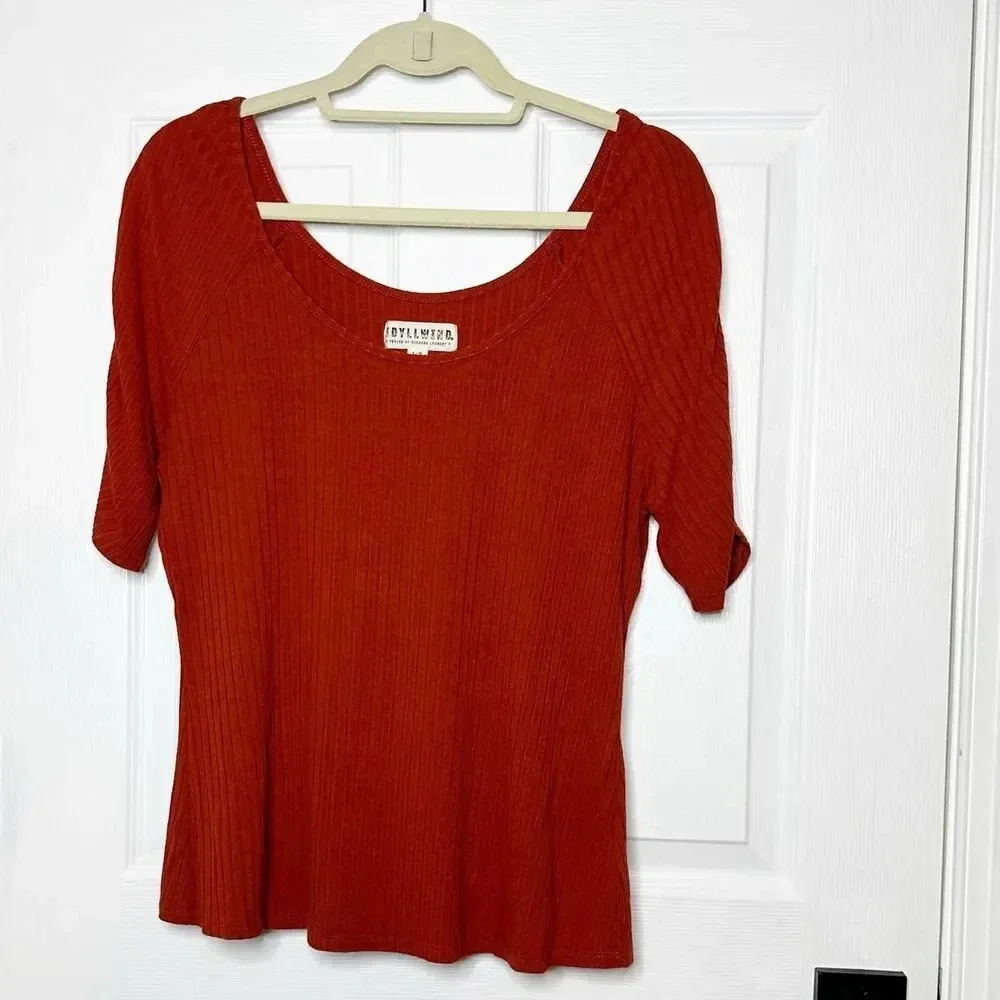 IDYLLWIND Miranda Lambert Size L Burnt‎ Orange Ribbed Ruched Short Sleeve Tee